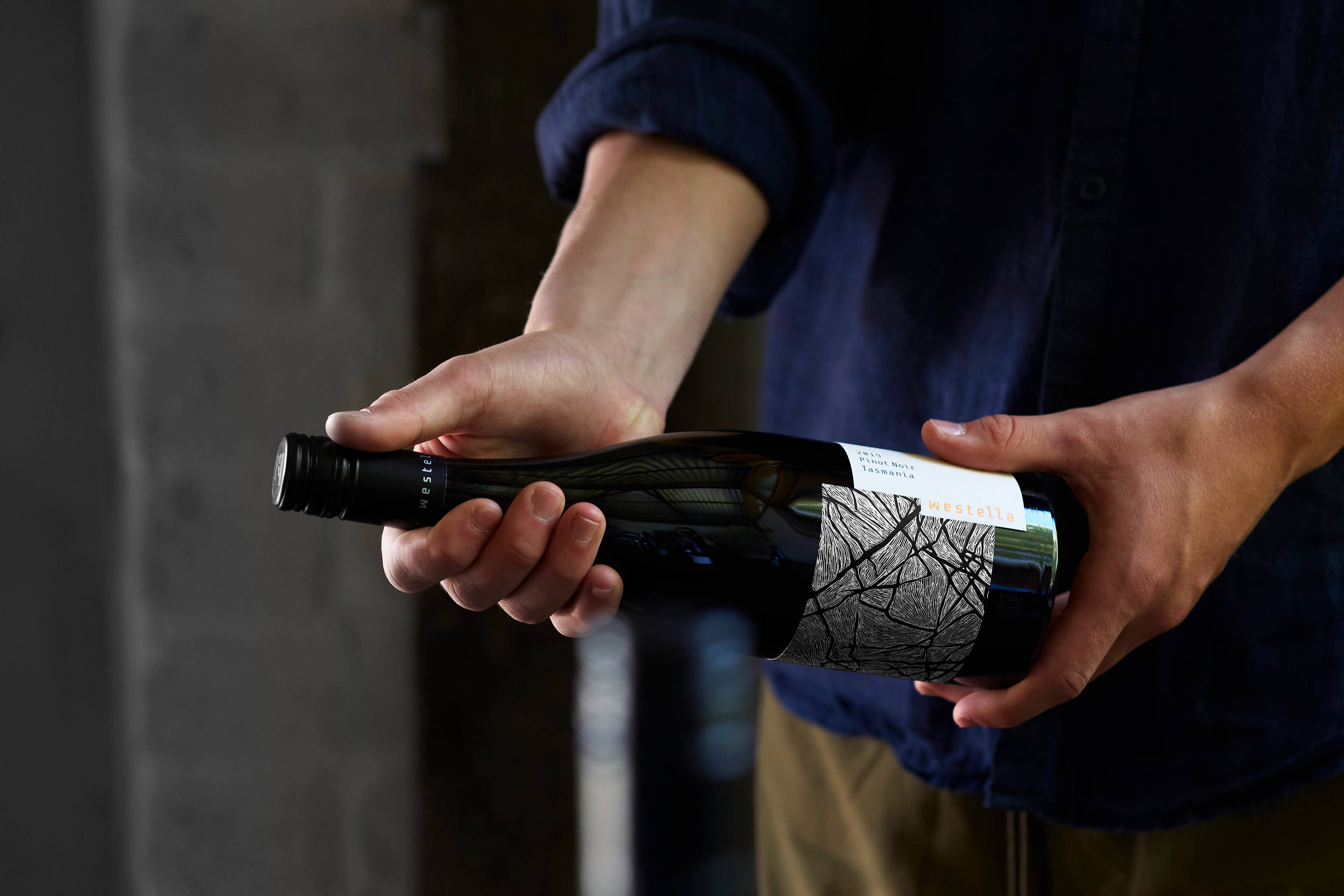 A bottle of Westella 2019 Pinot Noir being held to reveal the label artwork, “A long walk, Skullbone Plains, Tasmania”, 2014 (detail), by Tasmanian artist Sue Lovegrove. Photo: Renee Hodskiss.