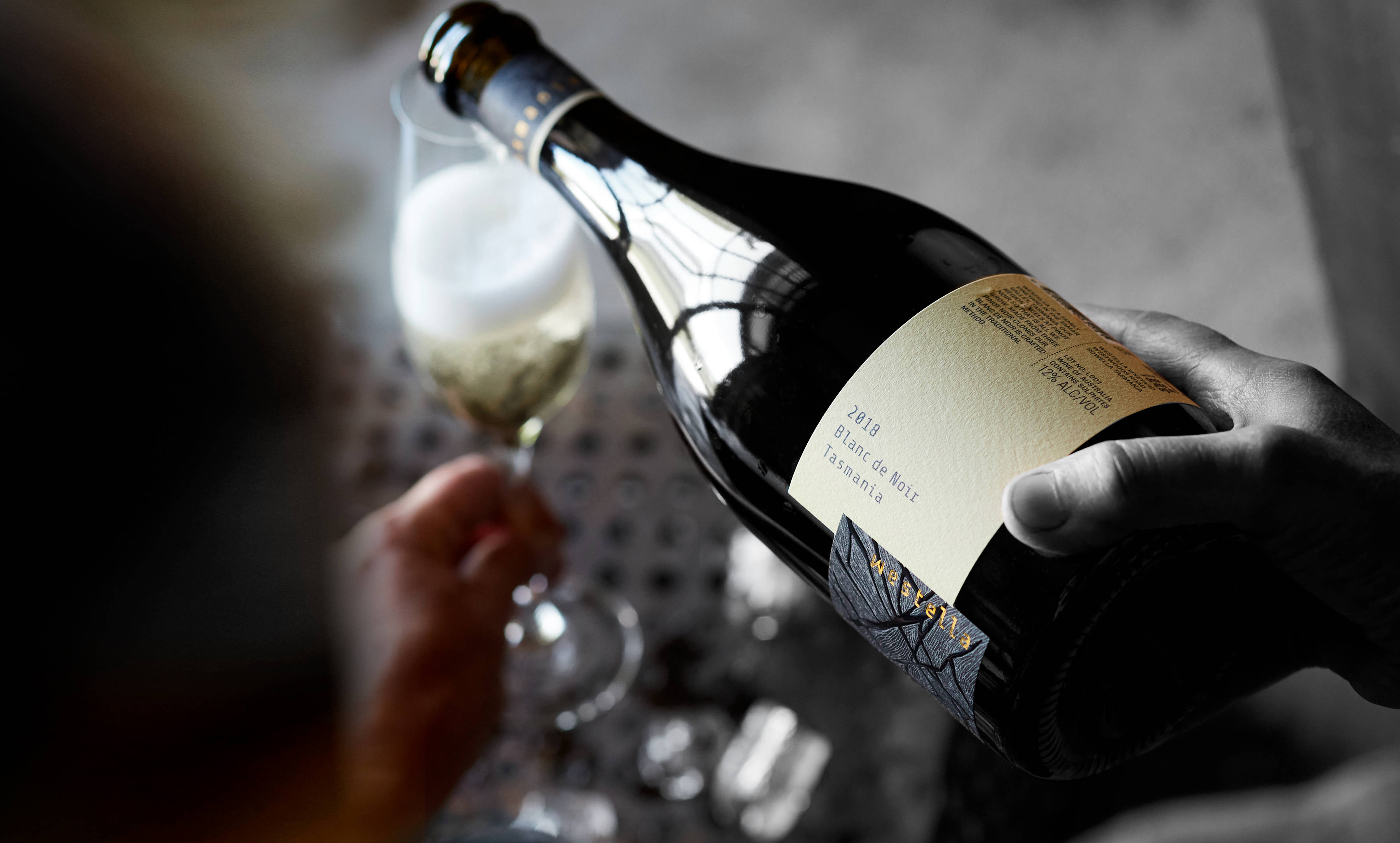 Westella’s sparkling Blanc de Noir being poured into a champagne flute. Photo: Renee Hodskiss.